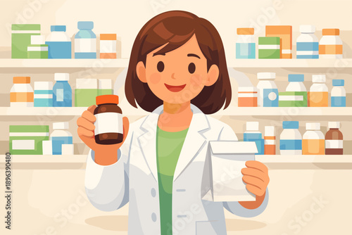 Female pharmacist holding medicine bottle in pharmacy setting with medication shelves