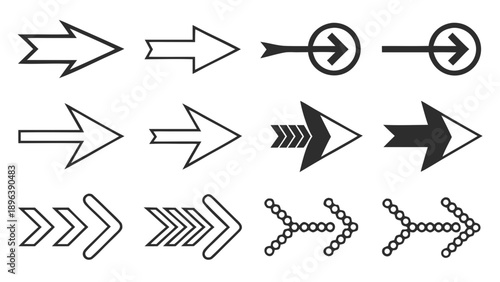 A diverse collection of right pointing arrow icons in various styles for digital design   - in trendy line style, line icons set, media, website, blog, content, web icon set, Vector illustration