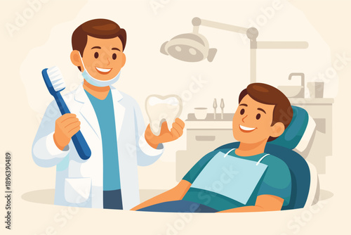Male dentist with patient and dental tools in clinic cartoon illustration
