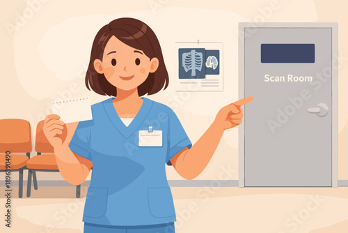Female caucasian young nurse in hospital pointing to scan room