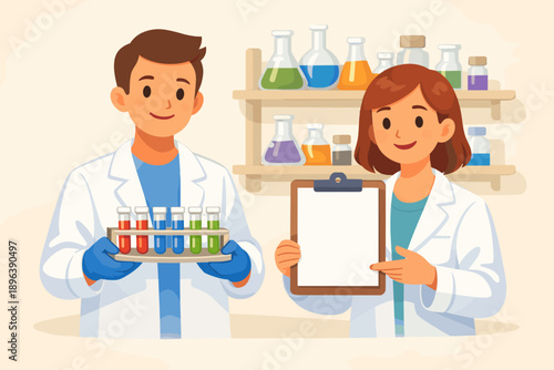 Young caucasian scientists in laboratory with test tubes and clipboard