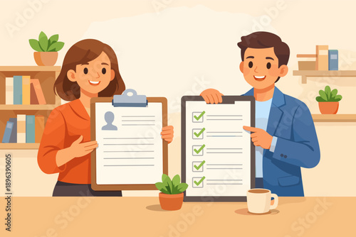 Young caucasian adults presenting completed checklist in office setting
