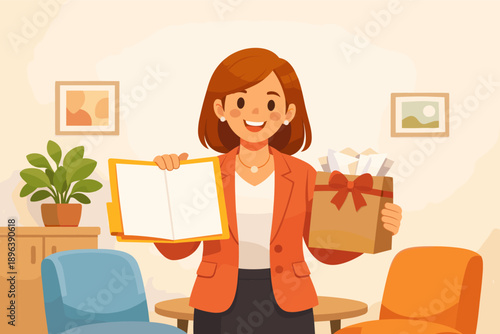 Female presenting open book and gift box in cozy living room