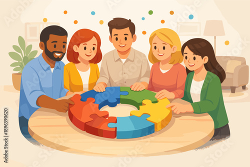 Diverse group solving puzzle together at round table in a collaborative environment
