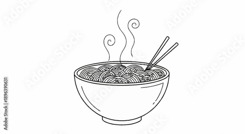 Steaming bowl of noodles with chopsticks illustration.