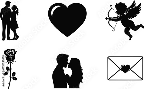 Black vector silhouette set of romantic couples cupid heart rose and love letter for Valentine Day wedding and anniversary branding