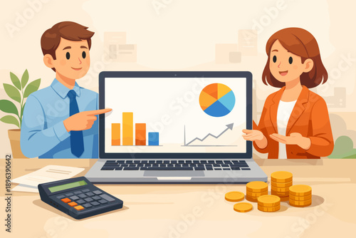 Young caucasian business professionals discussing financial growth with graphs and calculator