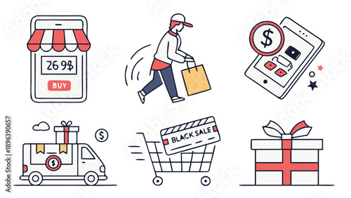 E commerce, online shopping and delivery concept icons set for modern business transactions   - in trendy line style, line icons set, media, website, blog, content, web icon set, Vector illustration