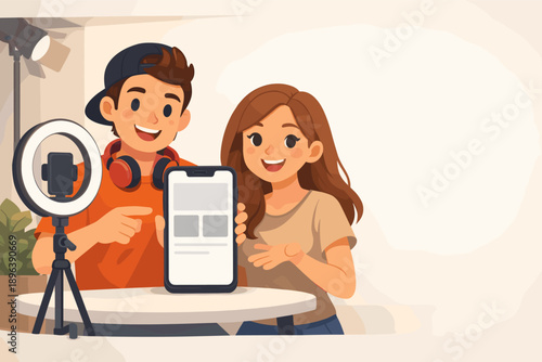 Asian teenagers streaming content with smartphone and lighting equipment