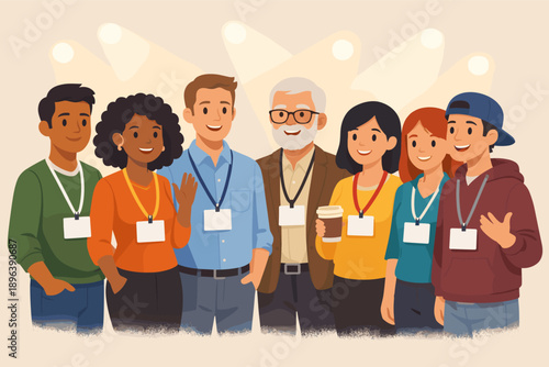 Diverse group of adults and teens at event gathering with name tags