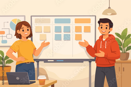 Young caucasian adult team collaborating at work with whiteboard