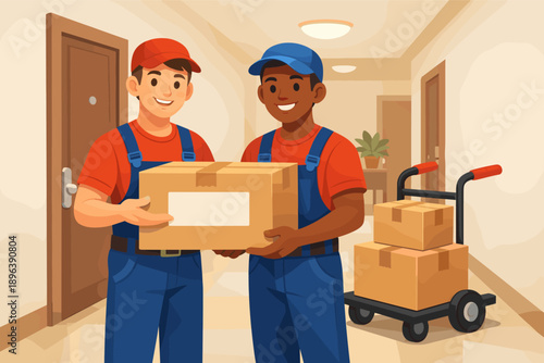 Two diverse delivery men holding package in hallway with cart in background