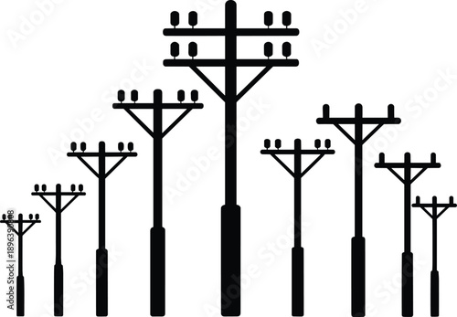 Group of Silhouetted Utility Poles with Multiple Insulators on White Background power line electricity