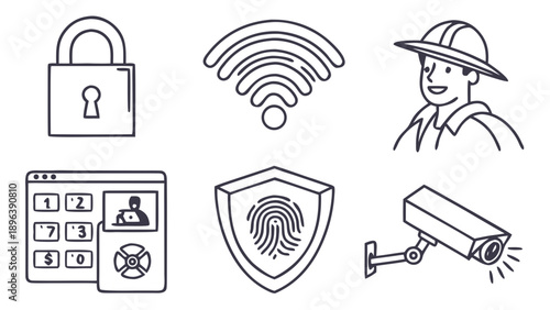 Essential icons for digital and physical security, network, and service solutions   - in trendy line style, line icons set, media, website, blog, content, web icon set, Vector illustration