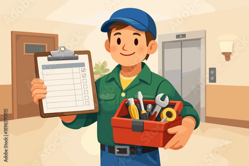 Young caucasian male repairman with tools and checklist in elevator lobby