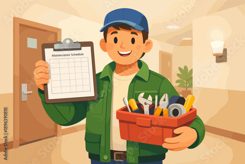 Cartoon asian male maintenance worker holding schedule and toolbox in hallway