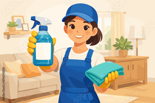 Smiling hispanic female cleaner holding spray bottle and cloth in living room