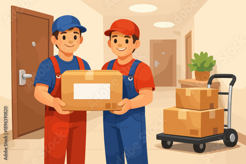Male caucasian delivery workers handling package in apartment hallway