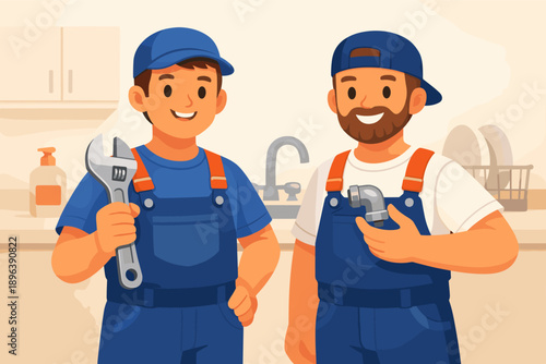 Two caucasian male plumbers in blue uniforms smiling with tools in kitchen