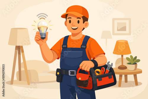 Young caucasian male electrician holding light bulb in living room