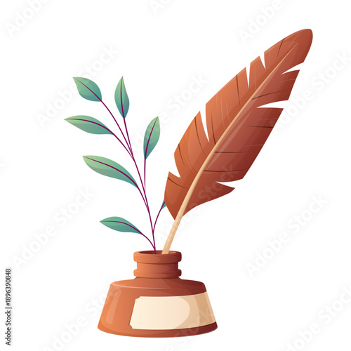 Vector illustration of a quill pen in an ink bottle with a botanical branch. Vintage writing, literature, poetry and creativity concept. Classic stationery symbol isolated on white background.