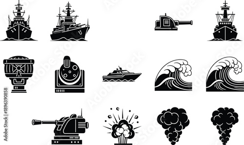 Collection of Black Naval Vessel Silhouettes Featuring Warships Cannon Artillery Ocean Waves and Smoke Clouds for Maritime Military Combat and Naval Warfare Graphics