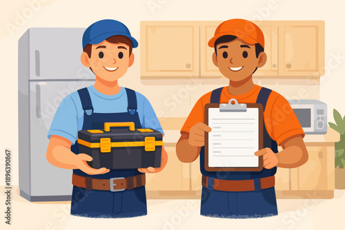 Smiling diverse male workers in kitchen with tool box and clipboard