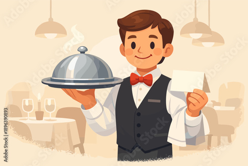 Young caucasian male waiter with serving tray and card in elegant restaurant setting