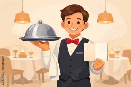 Smiling caucasian male waiter holding tray and menu in elegant restaurant setting