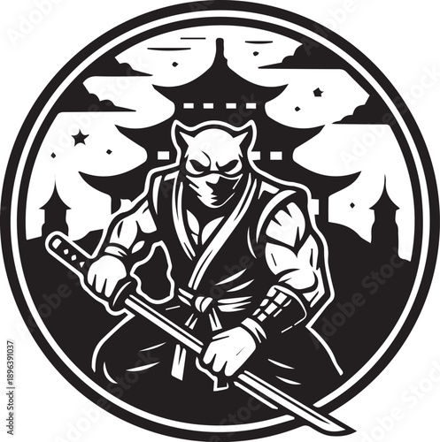 Stealthy Ninja Cat Emblem Dynamic Black and White Circular Mascot of a Muscular Anthropomorphic Cat in Ninja Attire Wielding a Katana