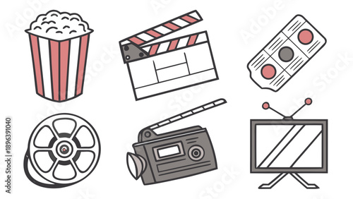 A vibrant collection of retro movie and television icons, essential for film enthusiasts   - in trendy line style, line icons set, media, website, blog, content, web icon set, Vector illustration