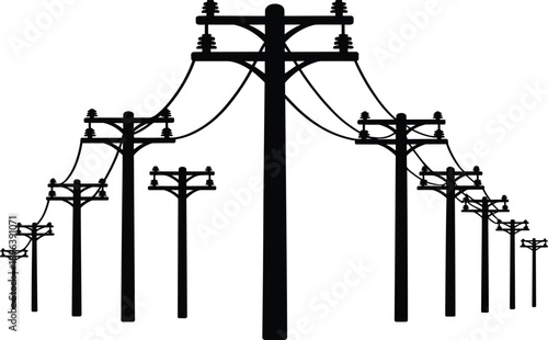 Silhouette of a row of utility poles with wires and insulators connected on a white background Keywords: utility pole, power line, electricity, infrastructure, communication