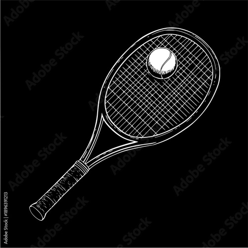 White outline of a tennis racket with a ball resting on the strings against a black background image