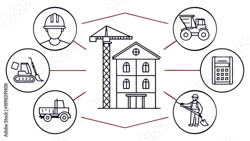 An overview of the essential elements and resources involved in a construction project   - in trendy line style, line icons set, media, website, blog, content, web icon set, Vector illustration