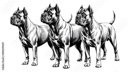 Three muscular pit bull terriers standing isolated on transparent background.