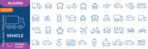Vehicle icon set. car, bike, plane, train, bicycle, bus, scooter and motorbike symbols for transportation, travel, traffic. Editable stock line.