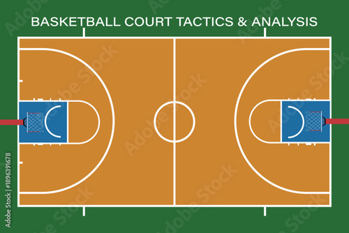 Flat design basketball court tactics diagram with player positions for sports analysis