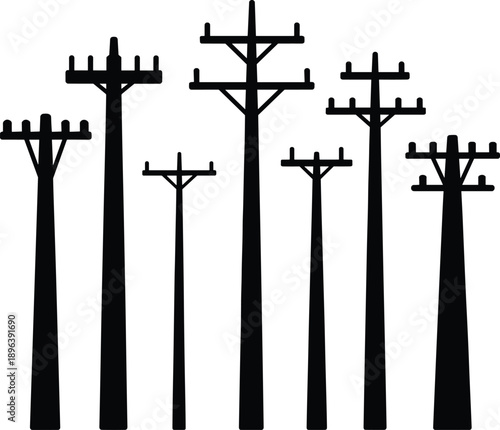Silhouette of multiple utility poles with crossbars and insulators on a white background power pole