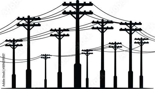 Silhouette of Multiple Utility Poles with Tangled Electrical Wires Against a White Background power lines