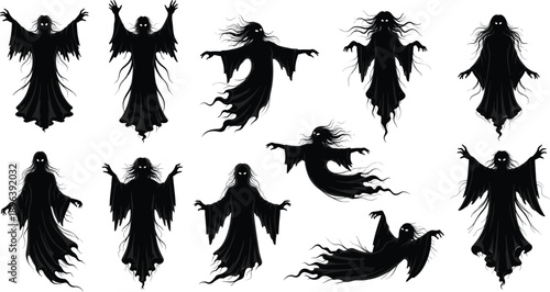 Collection of Eleven Detailed Black Silhouettes Featuring Spooky Flying Ghosts and Haunting Spirits for Halloween and Horror Graphic Design Projects