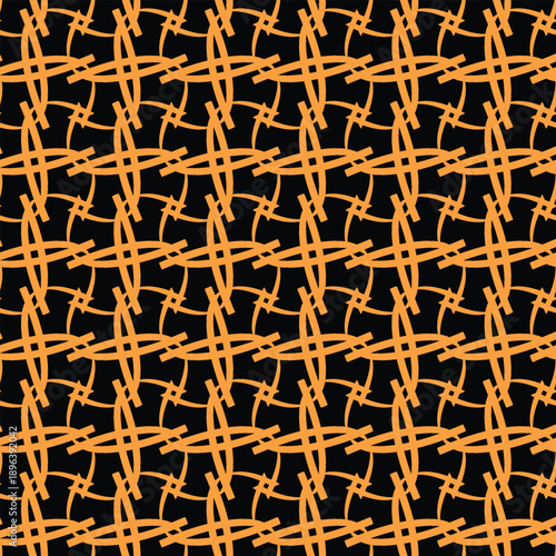 Abstract geometric pattern with interwoven orange lines on a black background.
