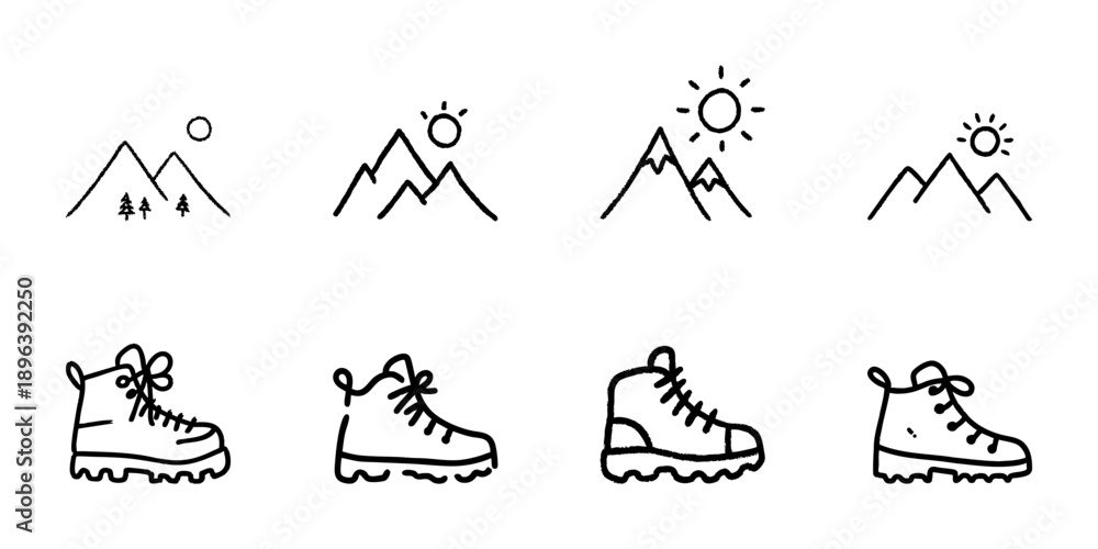Obraz premium Mountain And Hiking Boot Line Icon Set In Doodle Style. Outdoor Adventure, Trekking, And Nature Exploration Outline Sketch Collection. Hand Drawn Isolated Vector Illustration