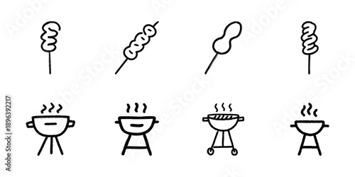 Barbecue And Skewer Line Icon Set In Doodle Style. Grilling, Outdoor Cooking, And Bbq Party Outline Sketch Collection. Hand Drawn Isolated Vector Illustration