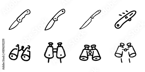 Knife And Binoculars Line Icon Set In Doodle Style. Outdoor Adventure, Camping, And Exploration Tools Outline Sketch Collection. Hand Drawn Isolated Vector Illustration