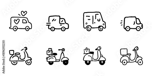 Delivery Vehicles And Scooters Line Icon Set In Doodle Style. Transportation And Logistics Outline Sketch Collection. Hand Drawn Isolated Vector Illustration