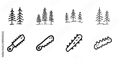Pine Trees And Chainsaw Line Icon Set In Doodle Style. Forestry, Logging, And Woodworking Tools Outline Sketch Collection. Nature And Equipment Symbols. Hand Drawn Isolated Vector Illustration