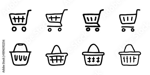 Shopping Cart And Basket Line Icon Set In Doodle Style. E-Commerce, Retail, And Online Shopping Outline Sketch Collection. Hand Drawn Isolated Vector Illustration