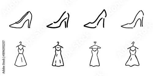 High Heels And Dresses Line Icon Set In Doodle Style. Fashion And Style Outline Sketch Collection. Women'S Footwear And Clothing Design Elements. Hand Drawn Isolated Vector Illustration