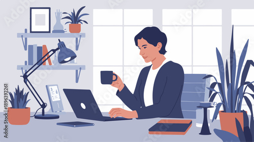 Modern home office scene featuring a person working on a laptop and holding a mug, surrounded by plants and decor