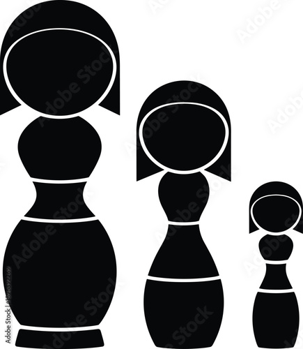 Silhouette of three matryoshka nesting dolls arranged in descending size, symbolizing Russian culture, tradition, hierarchy, family, and generational relationships.